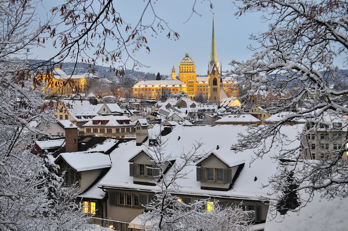 снег, зима, природа, город, крыши, серые, желтые, швейцария