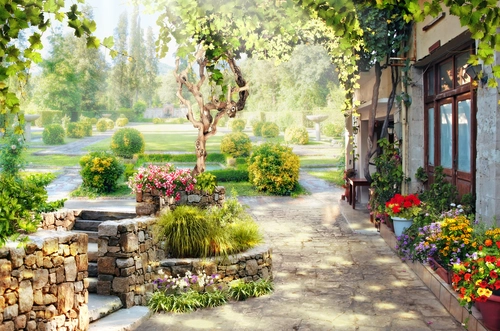 парк, дом, сад, деревья, цветы, зеленые, бежевые, HD