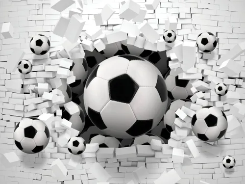 3d, 3д, детские, мяч, стена, кирпичи, белый, мячи, черный, фотообои, футбол, футбольный мяч